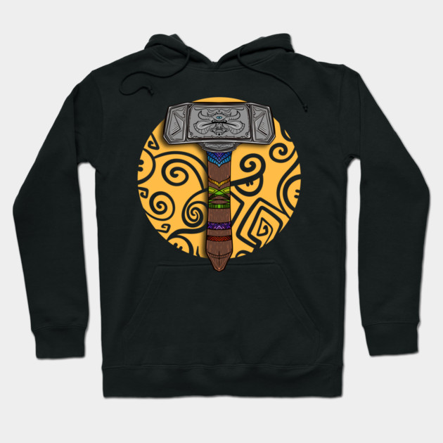 Black hoodie with colorful hammer design on front, featuring intricate patterns and vibrant colors. Perfect for casual wear.