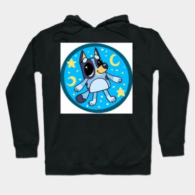 Black hoodie with cartoon dog design, featuring stars and moons. Cozy cotton material, perfect for casual wear.