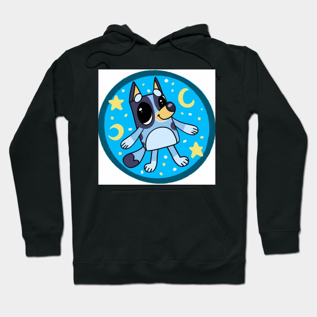 Black hoodie with cartoon dog design, featuring stars and moons. Cozy cotton material, perfect for casual wear.
