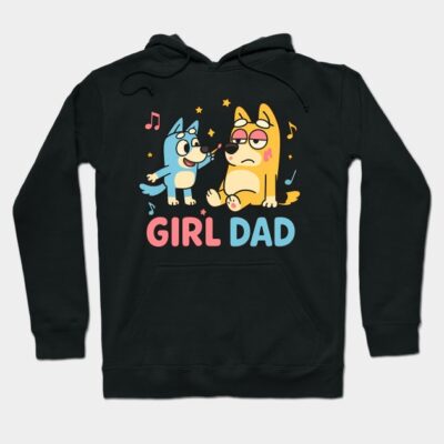 Black hoodie with playful cartoon design and "Girl Dad" text, ideal for casual wear. Comfortable and stylish.