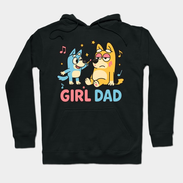 Black hoodie with playful cartoon design and "Girl Dad" text, ideal for casual wear. Comfortable and stylish.