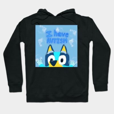Black hoodie with cartoon design, "I Have Autism" text, featuring colorful character, cozy material, casual style.