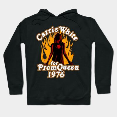 Black hoodie with vintage "Prom Queen 1976" graphic design, fiery orange and red accents. Ideal for casual wear.