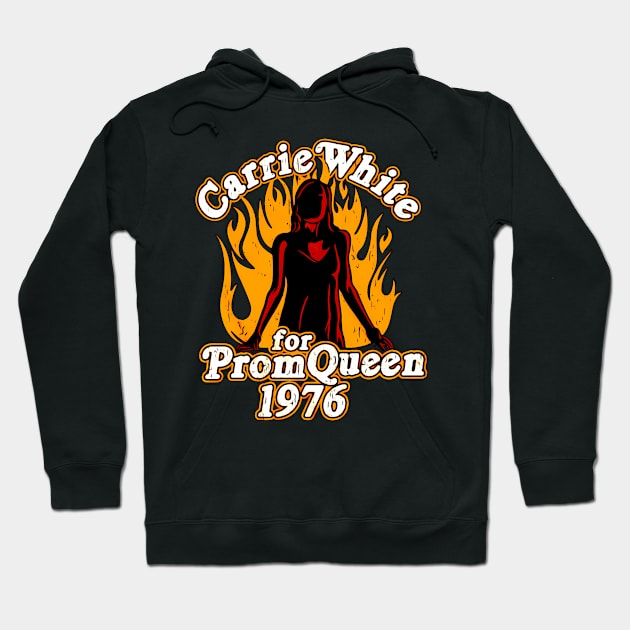 Black hoodie with vintage "Prom Queen 1976" graphic design, fiery orange and red accents. Ideal for casual wear.