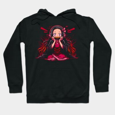 Black anime-themed hoodie with vibrant red and pink graphic design, perfect for casual wear. Cotton blend, unisex style.