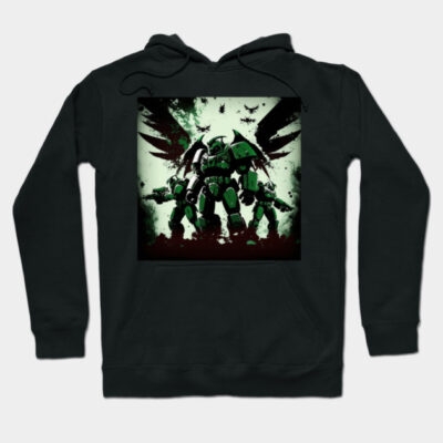 Black hoodie with green mecha graphic design, casual wear, cotton blend, comfortable for everyday use.