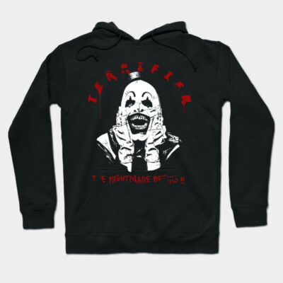 Black horror-themed hoodie with bold graphic design, featuring text "Terrifier" and "The Nightmare Begins." Perfect for Halloween.