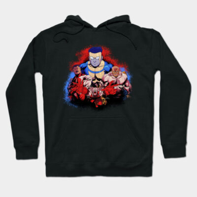 Black hoodie featuring colorful superhero graphic design, ideal for casual wear, made from soft cotton blend.