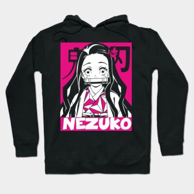 Black anime-themed hoodie with vibrant pink graphic design, featuring bold "Nezuko" text, perfect for casual wear.