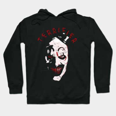 Black "Terrifier" graphic hoodie, spooky design, red and white print, casual wear, cotton blend.