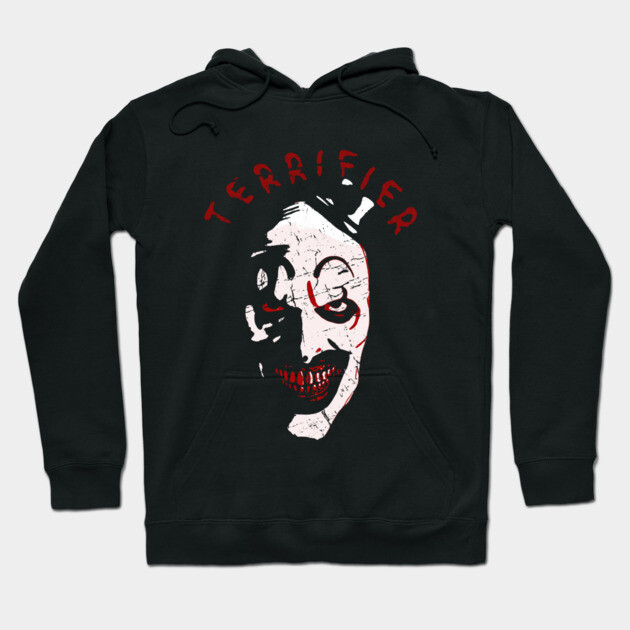 Black "Terrifier" graphic hoodie, spooky design, red and white print, casual wear, cotton blend.