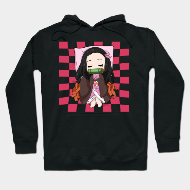 Black hoodie with cute anime character design, featuring pink and brown colors, perfect for casual wear and anime fans.