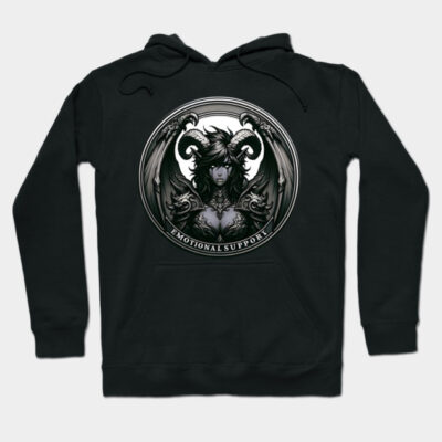 Black graphic hoodie featuring fantasy design with text "Emotional Support," perfect for casual wear and comfort.