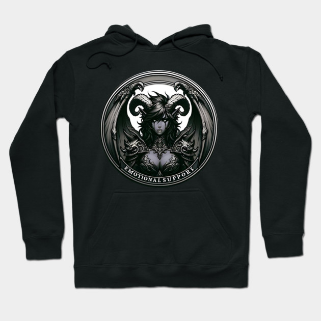 Black graphic hoodie featuring fantasy design with text "Emotional Support," perfect for casual wear and comfort.