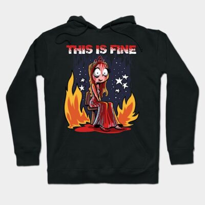 Black hoodie with "This Is Fine" graphic, cartoon character in flames, casual style, cotton material.