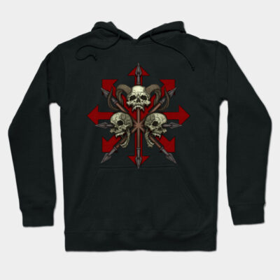 Black hoodie with red and skull design, featuring arrows and intricate details, made from soft cotton, casual style.