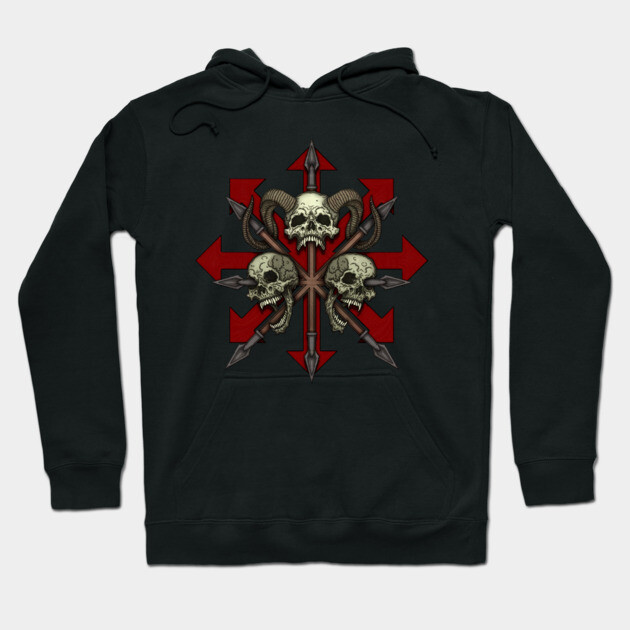 Black hoodie with red and skull design, featuring arrows and intricate details, made from soft cotton, casual style.