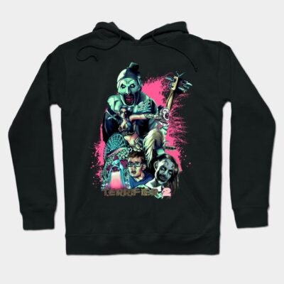 Black "Terrifier 2" graphic hoodie, horror-themed design, cotton material, perfect for casual wear and Halloween events.