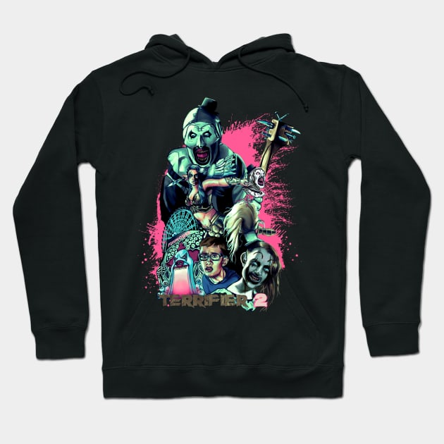Black "Terrifier 2" graphic hoodie, horror-themed design, cotton material, perfect for casual wear and Halloween events.