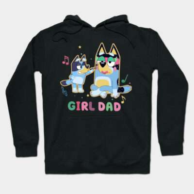 Black hoodie with playful cartoon dog design, "Girl Dad" text, colorful musical notes, casual wear.