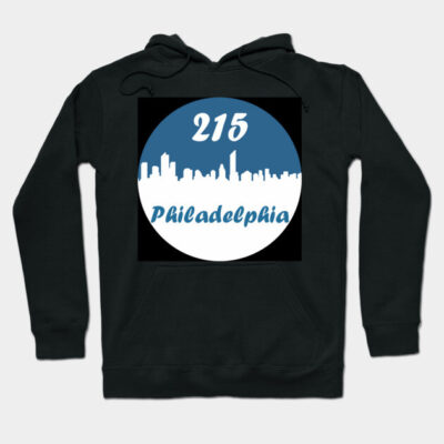 Black hoodie with "215 Philadelphia" skyline graphic, stylish and cozy, perfect for casual wear and city enthusiasts.