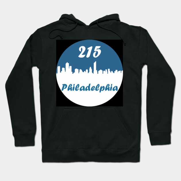 Black hoodie with "215 Philadelphia" skyline graphic, stylish and cozy, perfect for casual wear and city enthusiasts.