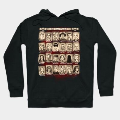 "Black graphic hoodie with vintage yearbook design, casual style, cotton blend material, perfect for everyday wear."