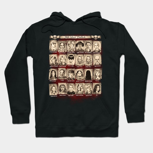 "Black graphic hoodie with vintage yearbook design, casual style, cotton blend material, perfect for everyday wear."
