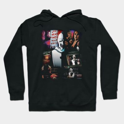 Black graphic hoodie featuring a horror-themed collage design, ideal for casual wear and fans of spooky styles.