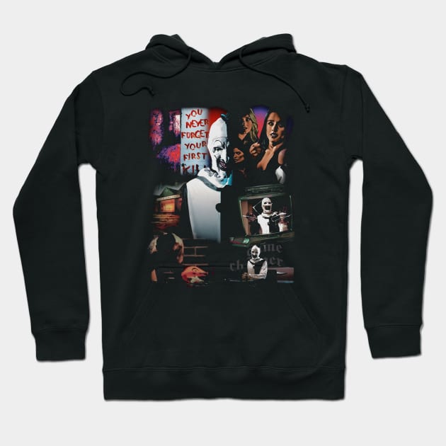 Black graphic hoodie featuring a horror-themed collage design, ideal for casual wear and fans of spooky styles.