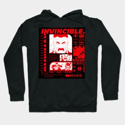 Black hoodie featuring bold red graphic design, perfect for casual wear and comfortable style.