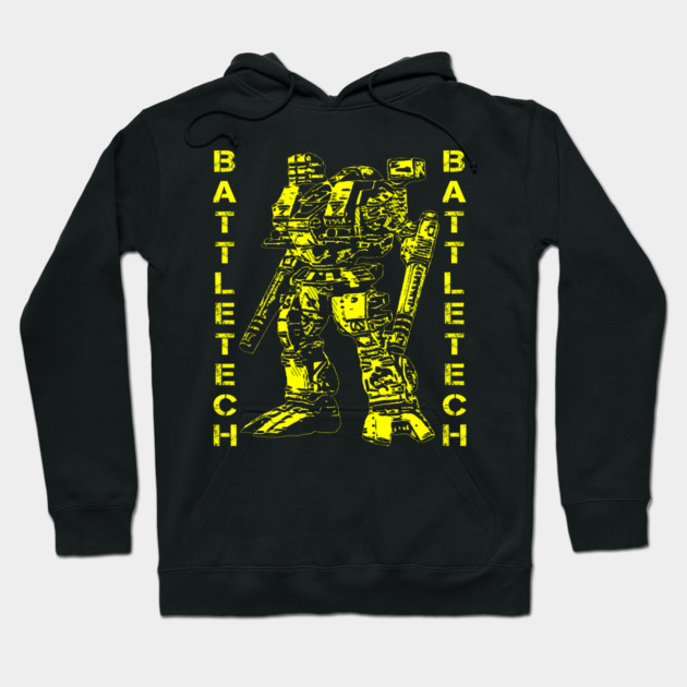 Black hoodie featuring yellow Battletech graphic design, casual wear, cotton blend material, unisex style.
