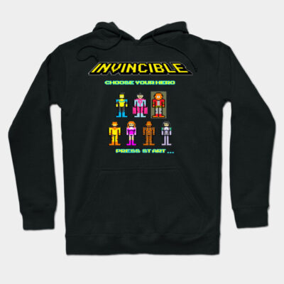Black hoodie with retro video game design, pixel art characters, and "Invincible" text, perfect for casual wear.