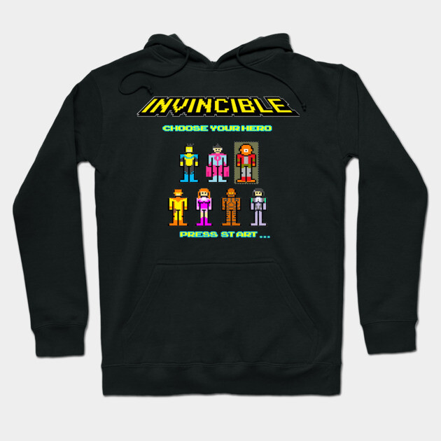 Black hoodie with retro video game design, pixel art characters, and "Invincible" text, perfect for casual wear.