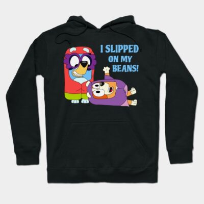 Black hoodie with colorful cartoon design and "I Slipped On My Beans!" text, casual wear, soft fabric.