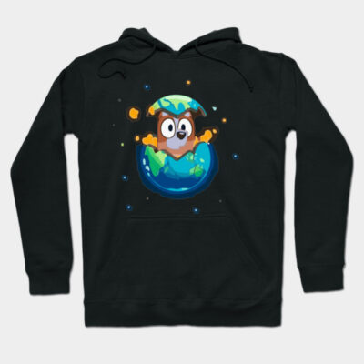 Black hoodie with playful cartoon design, featuring colorful planet and creature graphic. Cozy, casual wear, cotton blend.