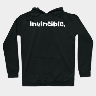 Black "Invincible" hoodie, unisex, casual style, cotton blend material, front pocket, drawstring hood. Ideal for comfort.