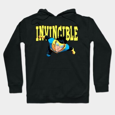 Black graphic hoodie featuring "Invincible" text and superhero design, ideal for casual wear, cotton blend material.