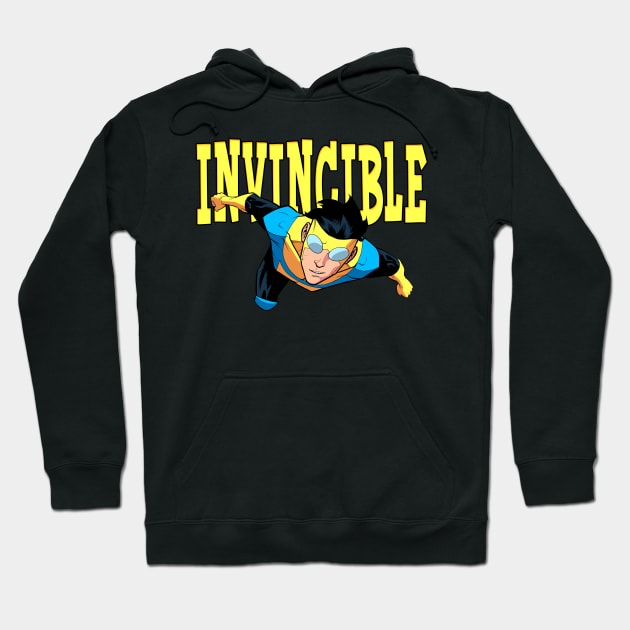 Black graphic hoodie featuring "Invincible" text and superhero design, ideal for casual wear, cotton blend material.