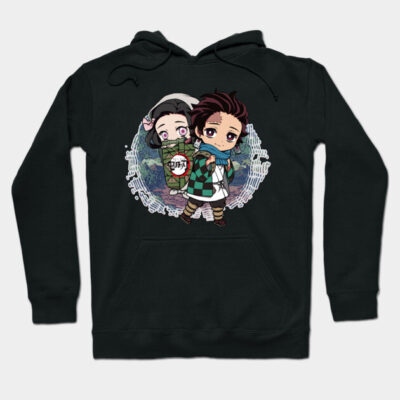 Black anime-themed hoodie featuring cute illustrated characters, perfect for casual wear and anime fans.