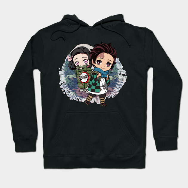 Black anime-themed hoodie featuring cute illustrated characters, perfect for casual wear and anime fans.
