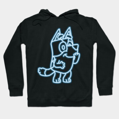 Black hoodie with neon blue cartoon dog design, casual style, cotton material, perfect for everyday wear.