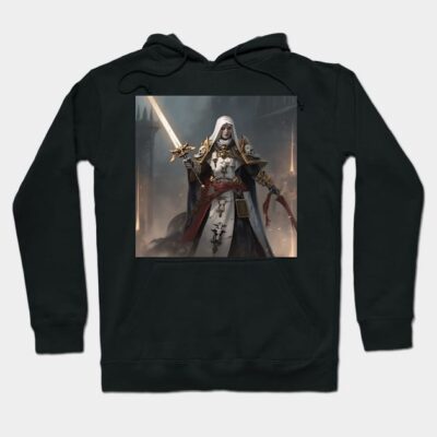 Black hoodie with fantasy warrior print, featuring sword and armor design, ideal for casual wear and themed events.