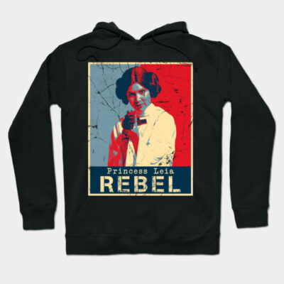 Black hoodie with vintage-style "Rebel" graphic print, featuring a pop art design, ideal for casual wear.
