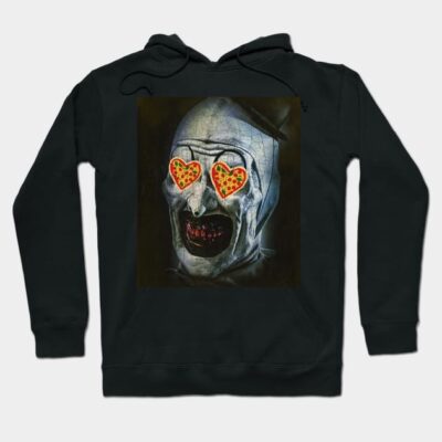 Black hoodie with unique face design featuring pizza heart eyes, perfect for casual wear and statement style.