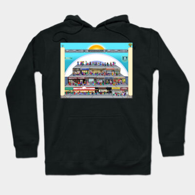 Black hoodie with a colorful urban graphic design, casual streetwear, cotton blend, unisex, comfortable fit.