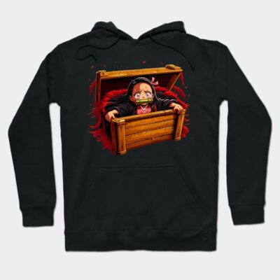 Black hoodie with colorful anime-inspired graphic, featuring character in a box. Comfortable, casual wear.
