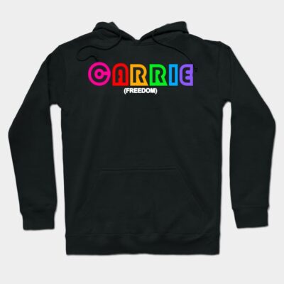 Black hoodie with colorful "CARRIE" text, front pocket, and drawstring hood, suitable for casual wear.