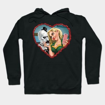 Black hoodie with heart-shaped design featuring colorful cartoon characters, perfect for casual wear and gifting.