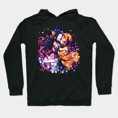 Black hoodie with colorful anime art print, featuring vibrant geometric patterns, casual style, cotton blend material.